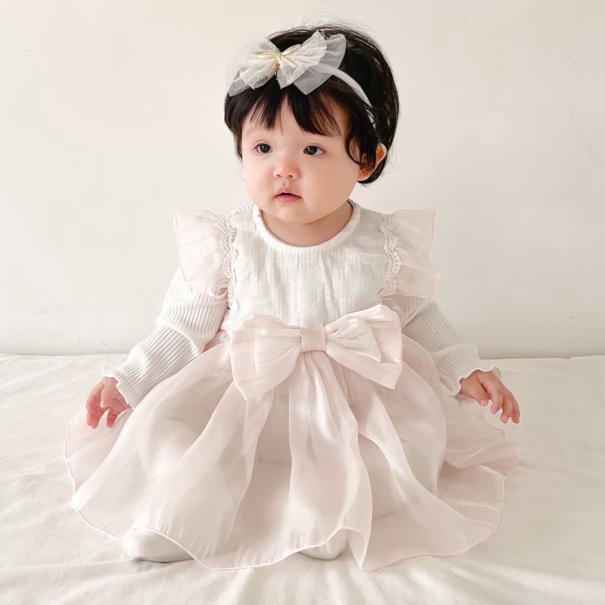 ベビードレス 新生児~90cm 大きなリボンが華やぐボンネット付き退院用ベビードレス お宮参り