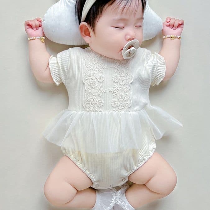 ベビードレス 66~90cm 花レース×チュールが華やかなロンパース型ベビードレス 退院 お宮参り