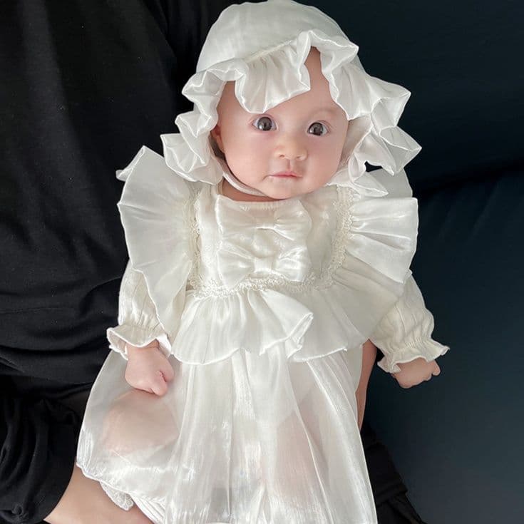 ベビードレス 新生児~90cm ふんわり豪華な袖が映える、特別な退院用ベビードレス 退院用 ベビードレス