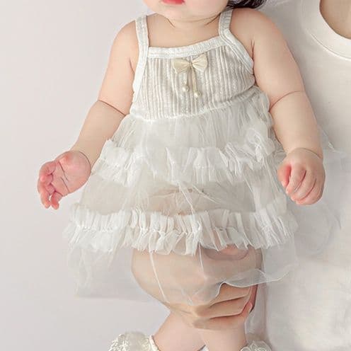 ベビードレス 66~90cm プリーツ×チュールの結婚式ベビードレス 結婚式 お宮参り お食い初め 100日記念