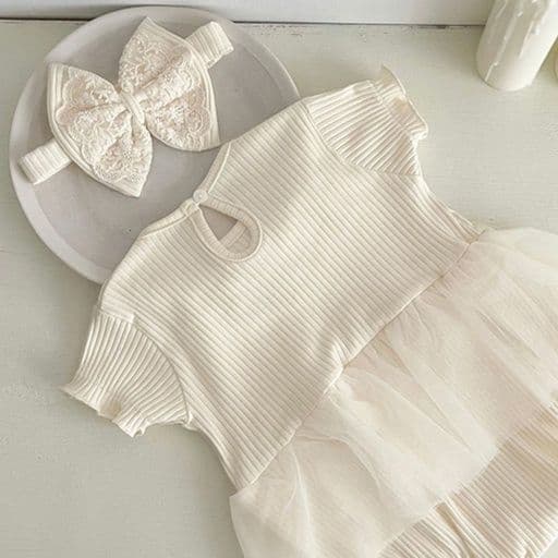 ベビードレス 66~90cm 花レース×チュールが華やかなロンパース型ベビードレス 退院 お宮参り