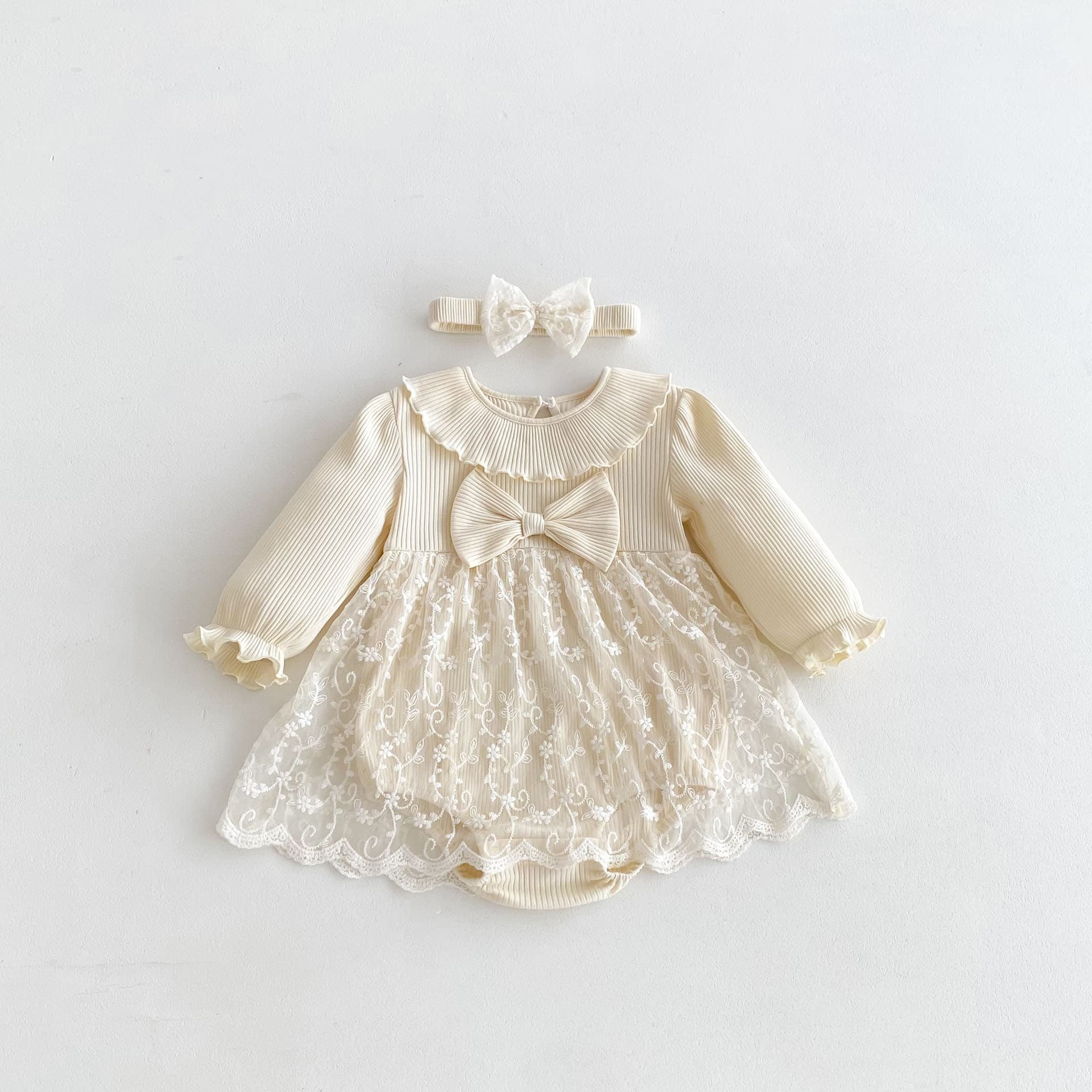 ベビードレス 66~90cm 大きなリボン プリーツ襟 主役感 バースデー ベビードレスセット1歳誕生日