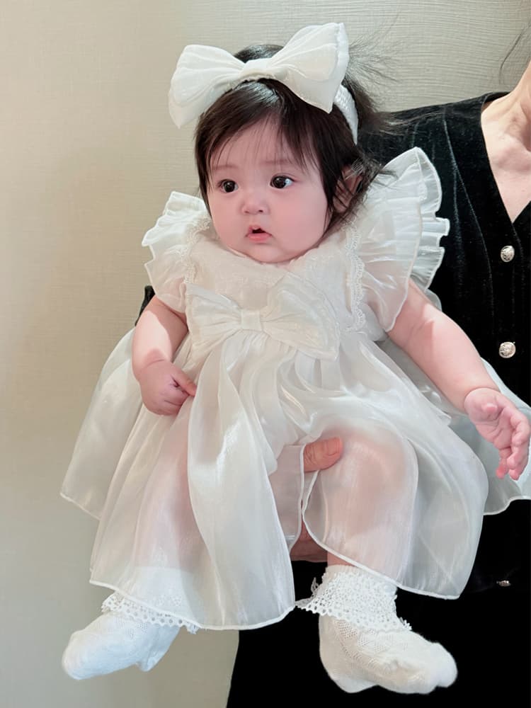 ベビードレス 新生児~90cm 白 リボン 写真映え 退院用 ベビードレス 女の子 バースデー 記念撮影