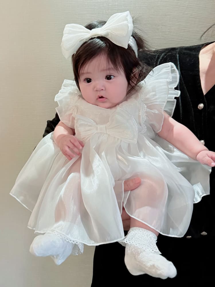 ベビードレス 新生児~90cm 白 リボン 写真映え 退院用 ベビードレス 女の子 バースデー 記念撮影